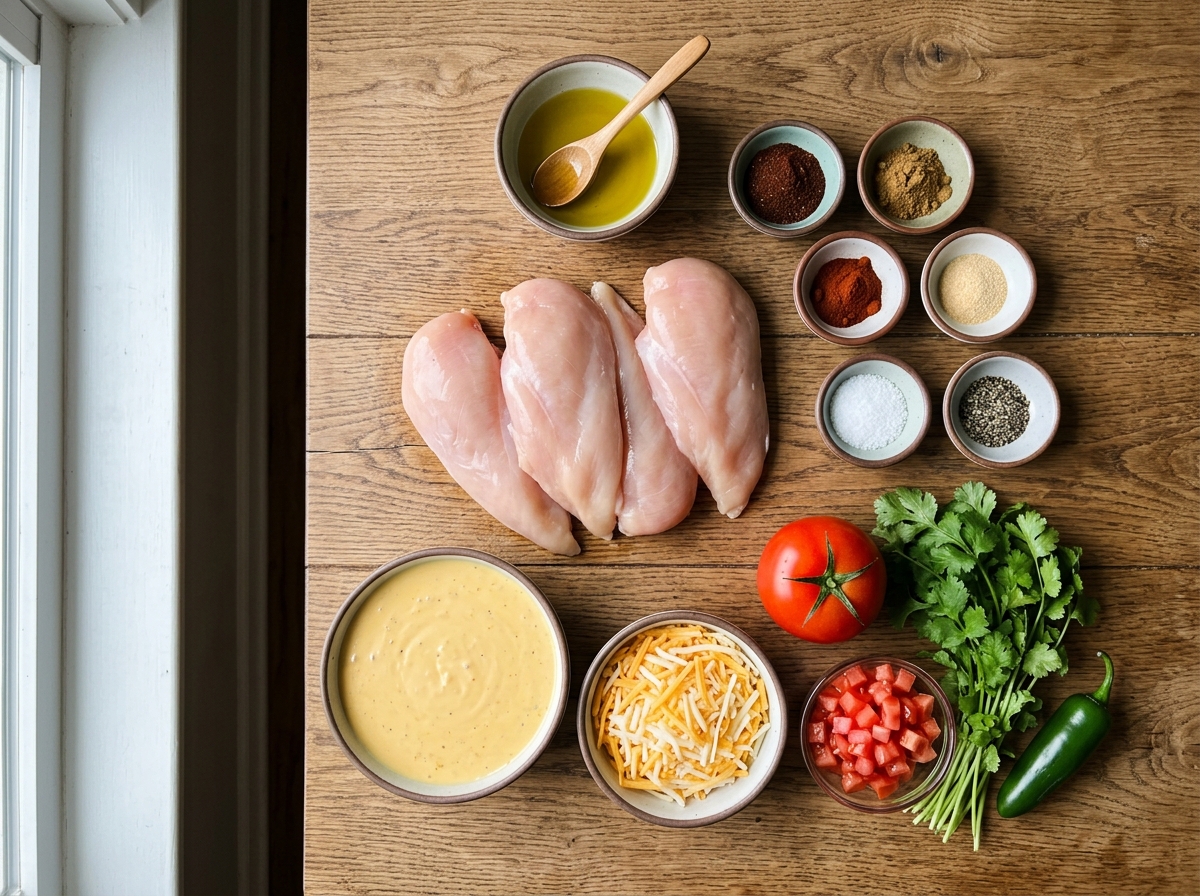 A table with various foods including chicken, tomatoes, and spices.