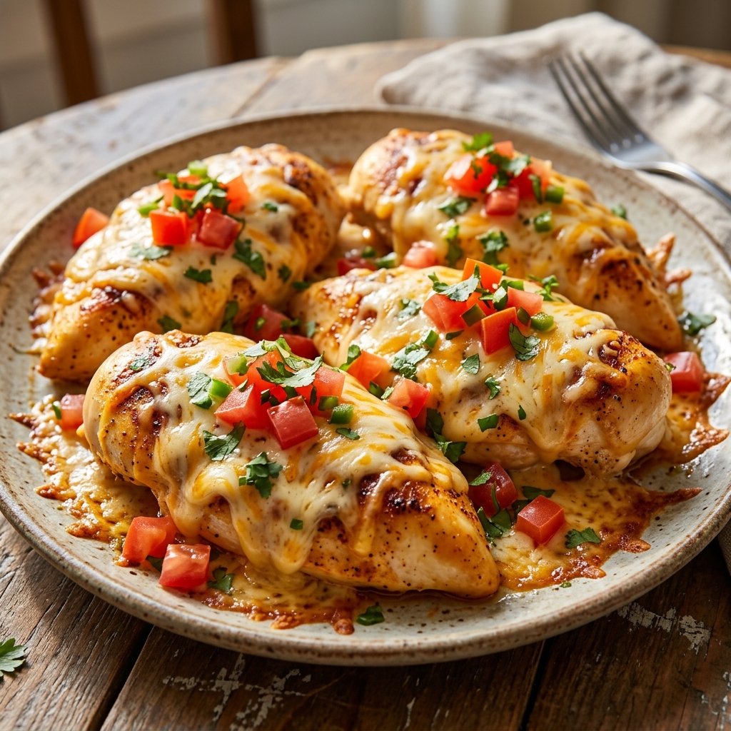 A plate of baked chicken with cheese and tomatoes.