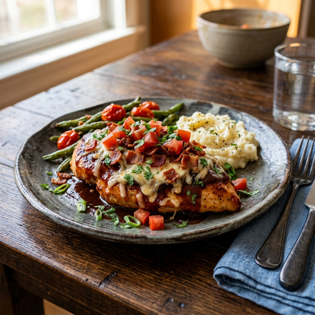 A plate of food with chicken, potatoes, and green beans.