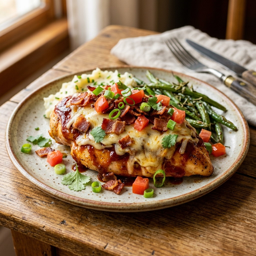 A plate of food with chicken, tomatoes, and peas.