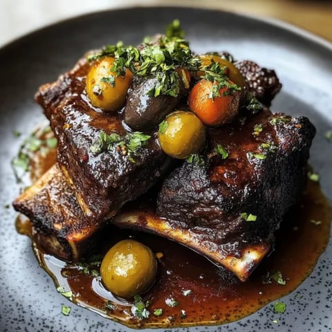 A dish of braised ribs with prunes and olives.