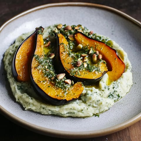 A dish featuring squash and beans, garnished with nuts and herbs.