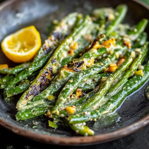 A dish of green beans and lemon on a plate.