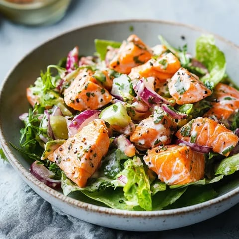 A bowl of salad featuring salmon chunks.
