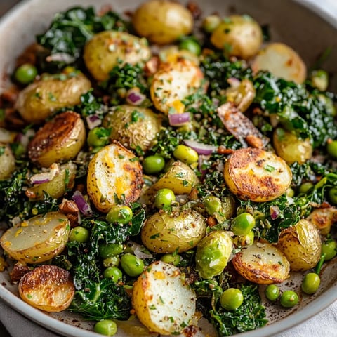 A vibrant mix of potatoes, greens, and peas in a dish.