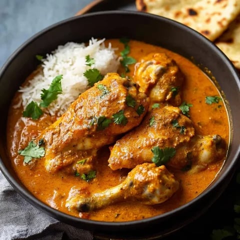 A cozy bowl of chicken curry with rice.