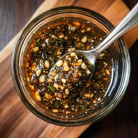 A jar of chile sauce with a spoon.