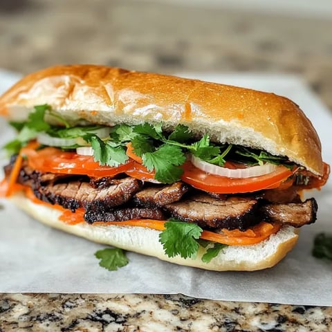 A freshly made sandwich with pork, veggies, and crispy bread.