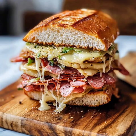 A crusty sandwich stuffed with meats and cheese on a wood board.