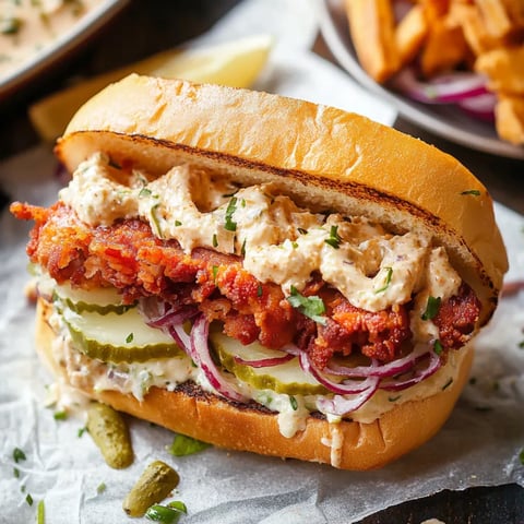 A toasty sandwich filled with crispy chicken, onions, and pickles.