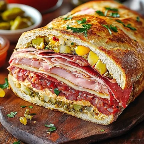 A sandwich bursting with cured meats and toppings.