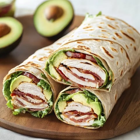 A wrap filled with turkey, avocado, greens, and bacon.