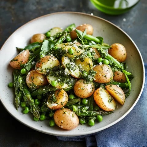 A plate with potatoes, peas, and leafy greens.
