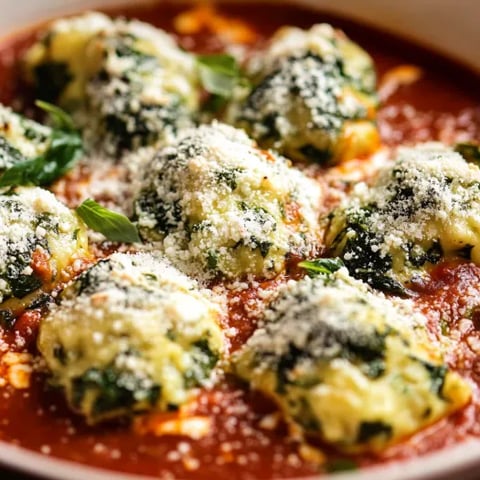 A serving of malfatti in a vibrant tomato sauce topped with fresh herbs.