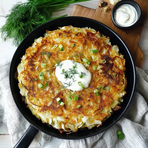 A pan of golden cabbage pie topped with sour cream.