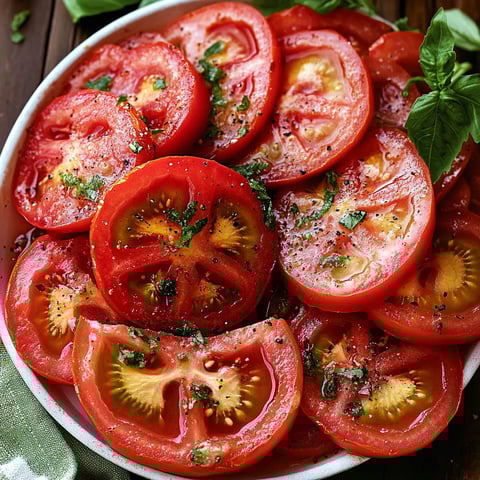 A dish of sliced seasoned tomatoes.