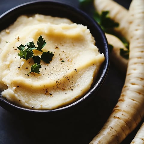 A bowl of creamy white mash topped with fresh parsley.