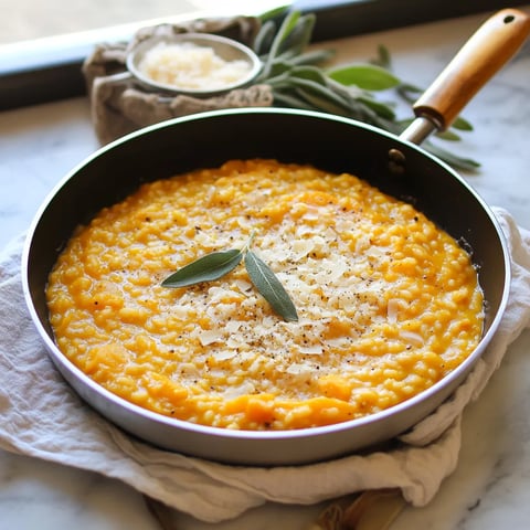 A bowl filled with creamy squash rice topped with a fresh herb leaf.