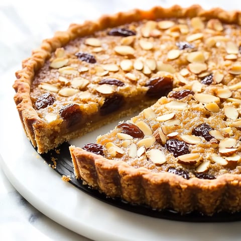 Slice of tart topped with almonds and raisins.