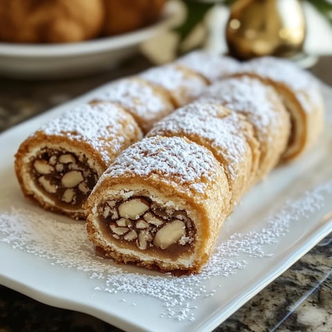 Pastries dusted with powdered sugar on a platter.