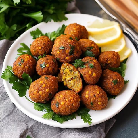 Plate full of lentil balls next to a lemon.