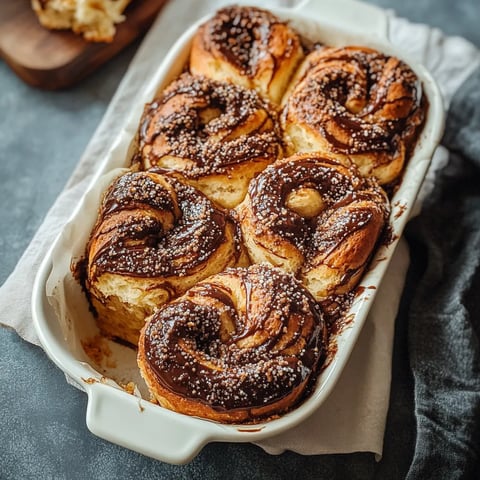A white bowl filled with chocolate covered cinnamon rolls.