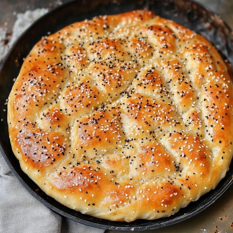 Fresh pide sprinkled with seeds in a pan.