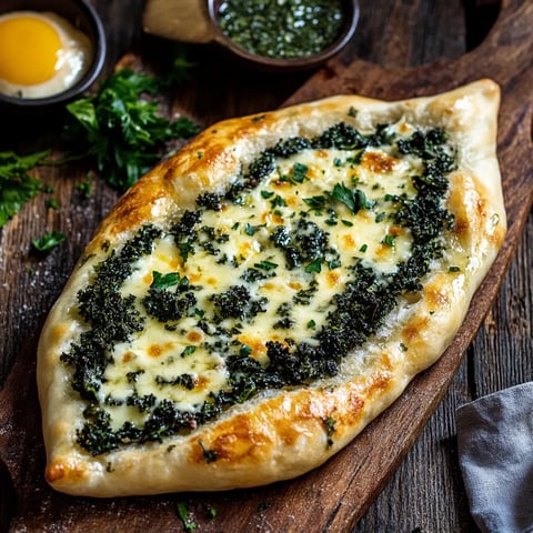 Cheesy bread with spinach and kale sitting on a wood board.