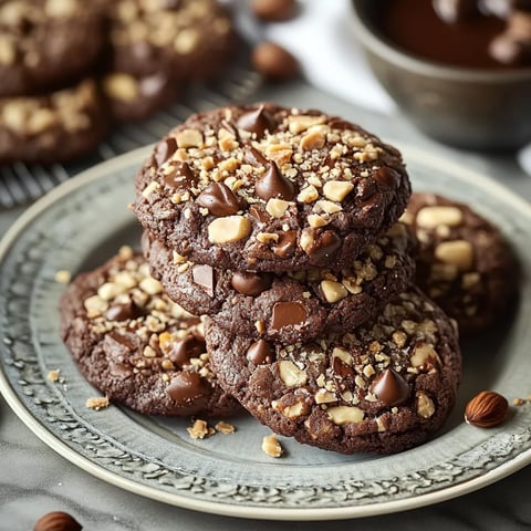 Plate of chocolate cookies with chocolate sauce in a bowl.