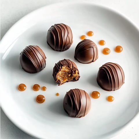 Chocolate balls topped with caramel sauce on a plate.
