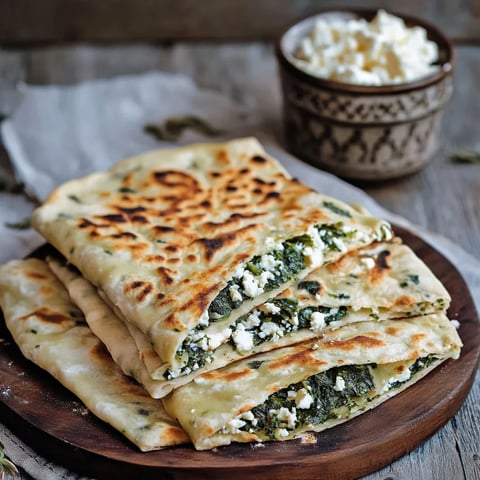 Pile of flatbread stuffed with feta cheese and spinach.