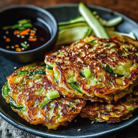 Crispy veggie pancakes with a bowl of tangy sauce.