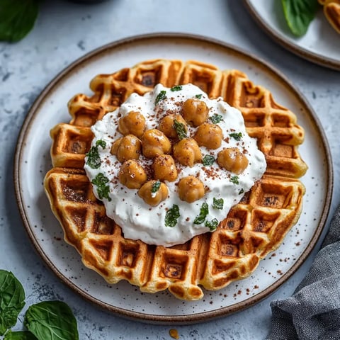 A waffle topped with creamy white sauce and nuts.