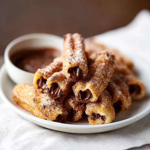 A plate of churro bites with chocolate drizzled on top.