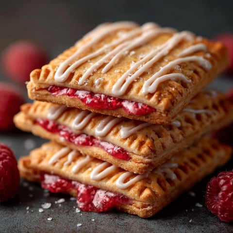 Three stacked raspberry protein pop tarts.