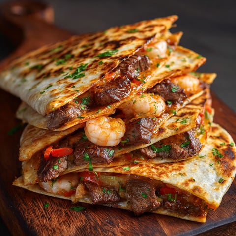 A stack of Creole Steak Shrimp Quesadillas.