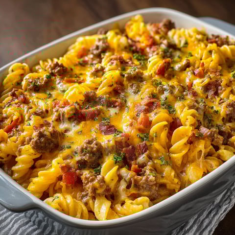 A bowl of pasta with meat and cheese.