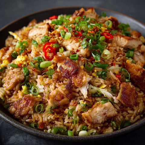 A bowl of bang bang chicken fried rice.