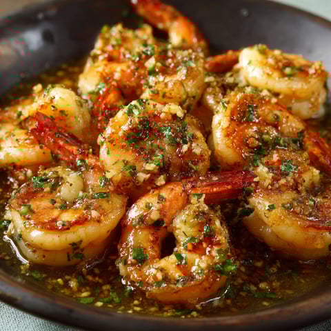 A bowl of shrimp with garlic and butter.