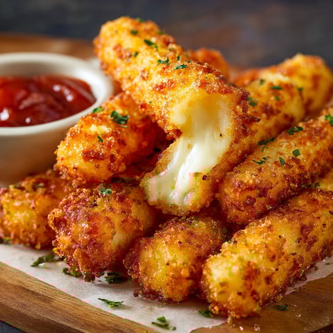 A plate of cheese sticks with a bowl of ketchup.