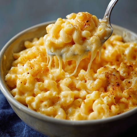 A spoon is in a bowl of macaroni and cheese.