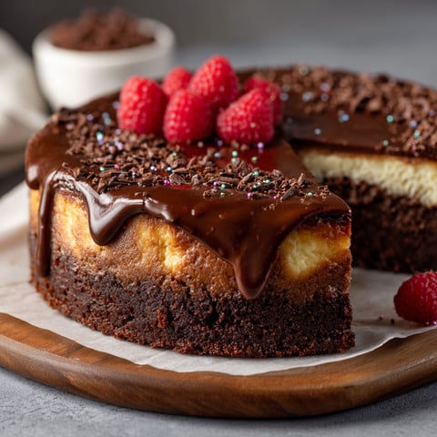 A slice of chocolate cheesecake with raspberries on top.