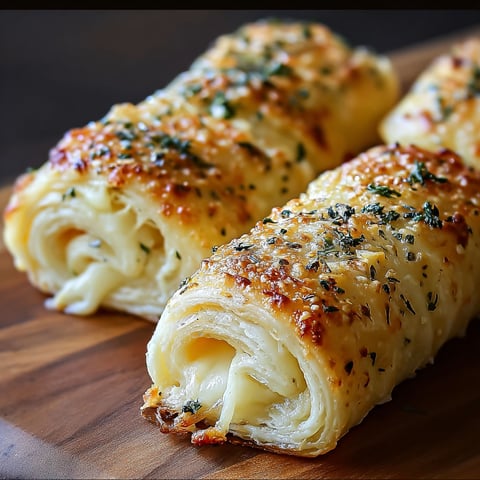 Cheesy garlic butter rollups on a wooden table.