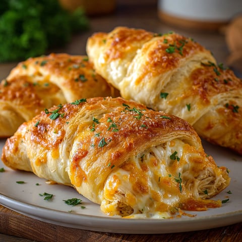 Cheesy chicken crescent rolls on a plate.