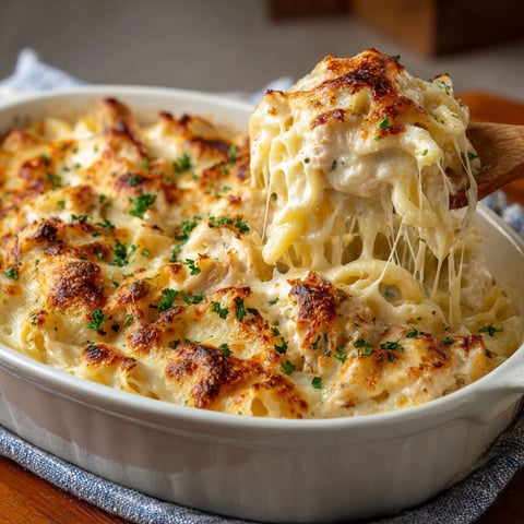 A close up of a delicious chicken Alfredo bake.