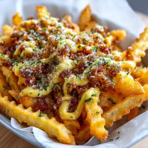 A plate of fries with cheese and herbs.