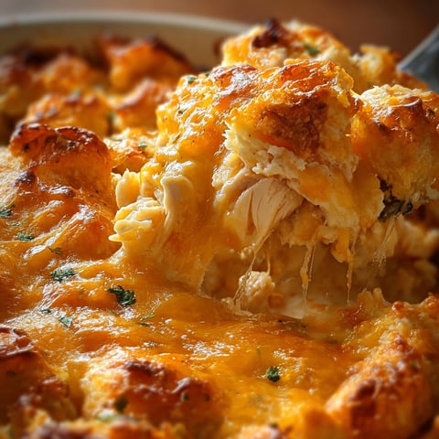 A close up of a delicious looking chicken and biscuit bake.