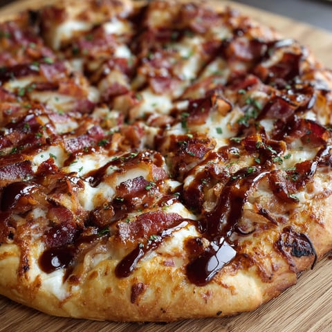 A pizza with bacon and barbecue sauce.