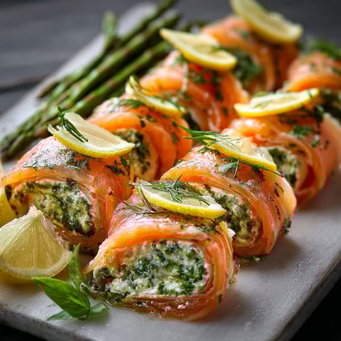 A plate of lemon basil salmon rolls.