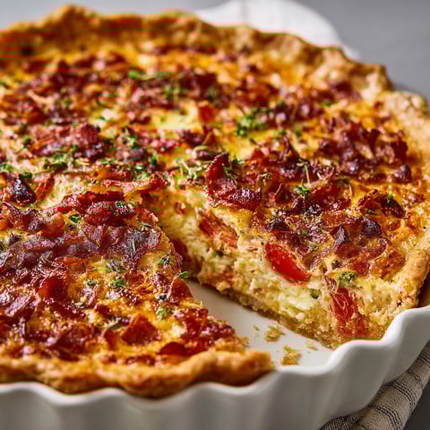 A slice of bacon onion tomato pie.